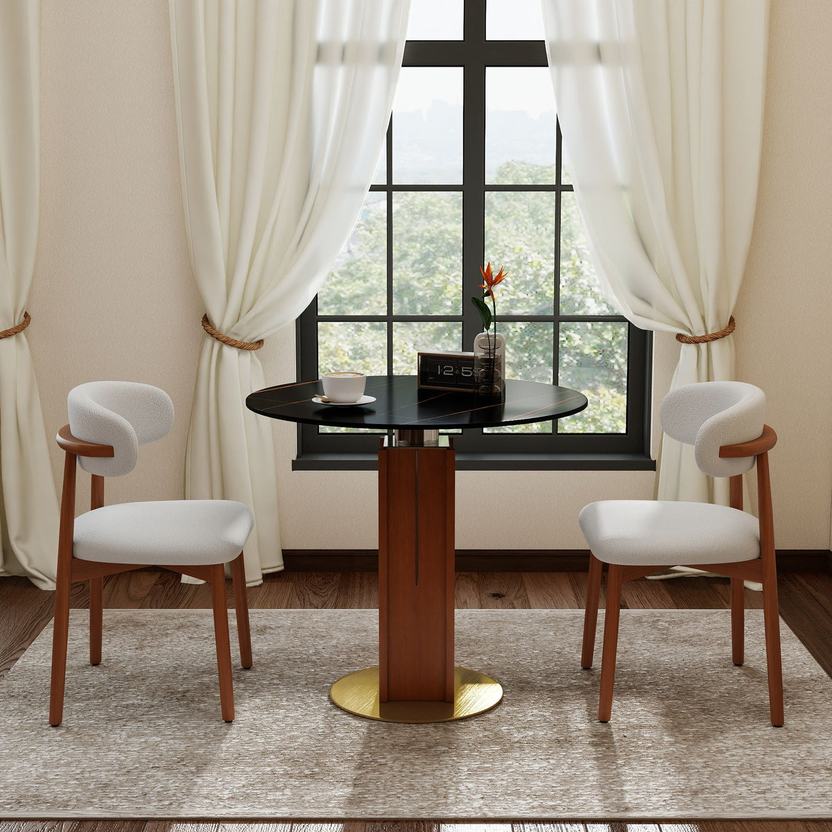 Φ85cm Round Slate Dining table, 12mm Black Desktop, Walnut Column, 2 - Person Kitchen Table for Small Space, 150lbs Weight Capacity(Only the Negotiation Table)
