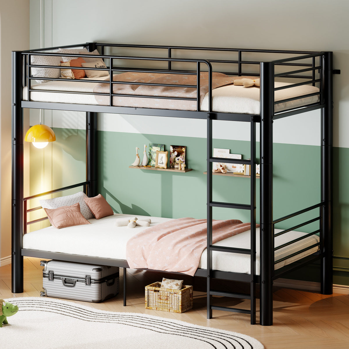 Metal Twin Over Twin Bunk Bed, Convertible into 2 Separate Twin Beds, 13.78" Full-Length Guardrails, Extra-Wide Ladder, Anti-Tip Brackets, Black Bunk Bed Frame for Kids, Teens & Adults