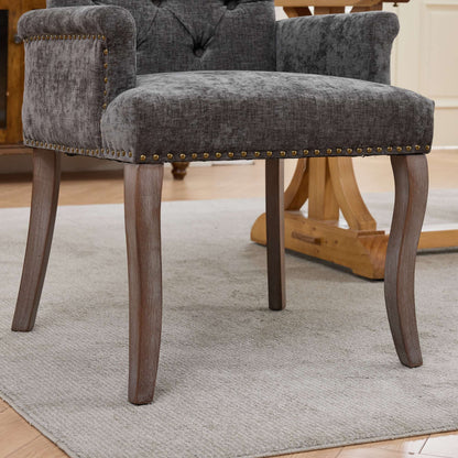 Upholstered Chenille Fabric Accent Dining Chair, Curved Solid Wood Legs, Elegant Tufted Club Dining Room Kitchen Room Arm Dining Chair – Gray