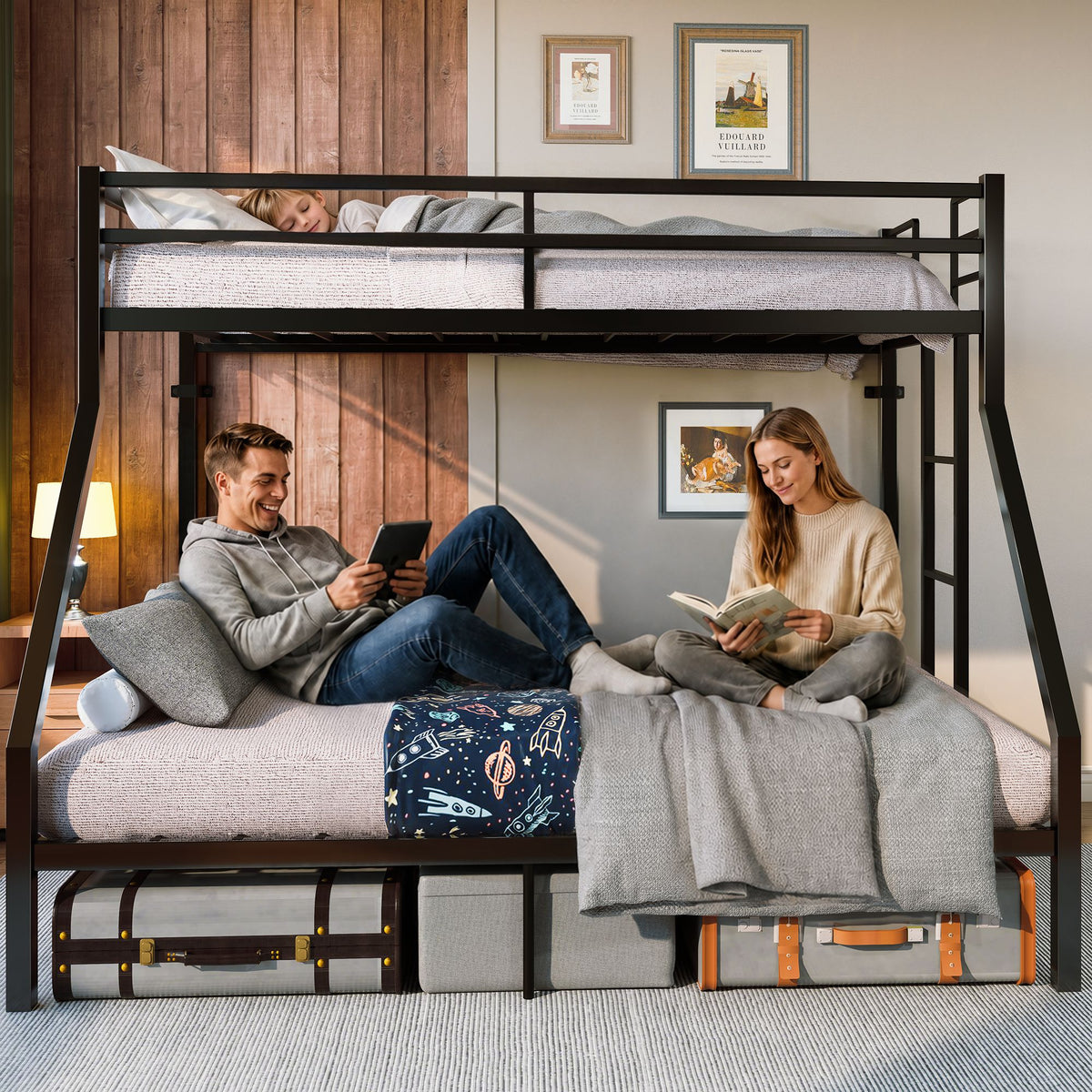Heavy Duty Twin Over Queen Bunk Bed, Sturdy Metal Bunk Bed Frame with Flat Ladder & Full-Length Guardrail, 1000 lbs Capacity, Noise-Free, Easy Assembly, Space-Saving Industrial Bunk Beds , Black