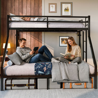 Heavy Duty Twin Over Queen Bunk Bed, Sturdy Metal Bunk Bed Frame with Flat Ladder & Full-Length Guardrail, 1000 lbs Capacity, Noise-Free, Easy Assembly, Space-Saving Industrial Bunk Beds , Black