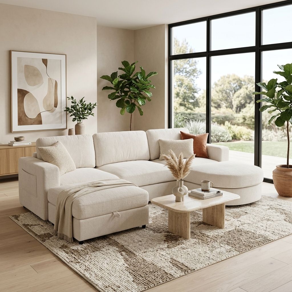 U-Style 102.4" U Shaped Sectional Sofa, Chenille Modular Couch with Curved Ottoman & Storage Ottoman, 3 Seater Sofa with Drop Down Console and 2 Cup Holders, Solid Pine Wood Frame for Living Room