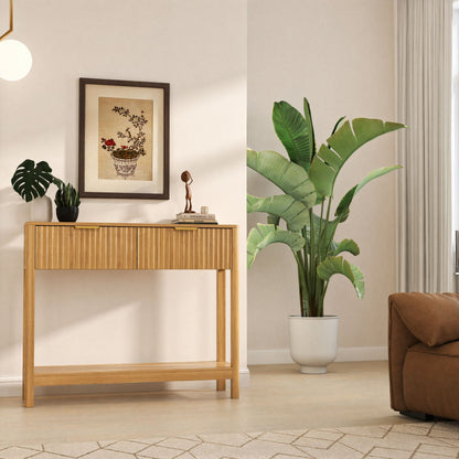 Mid-Century Modern Fluted Console Table with 2 Drawers & Open Shelf, Oak Finish Narrow Entryway Table, Slim Sofa Table for Hallway, Living Room, Small Spaces, Easy Assembly