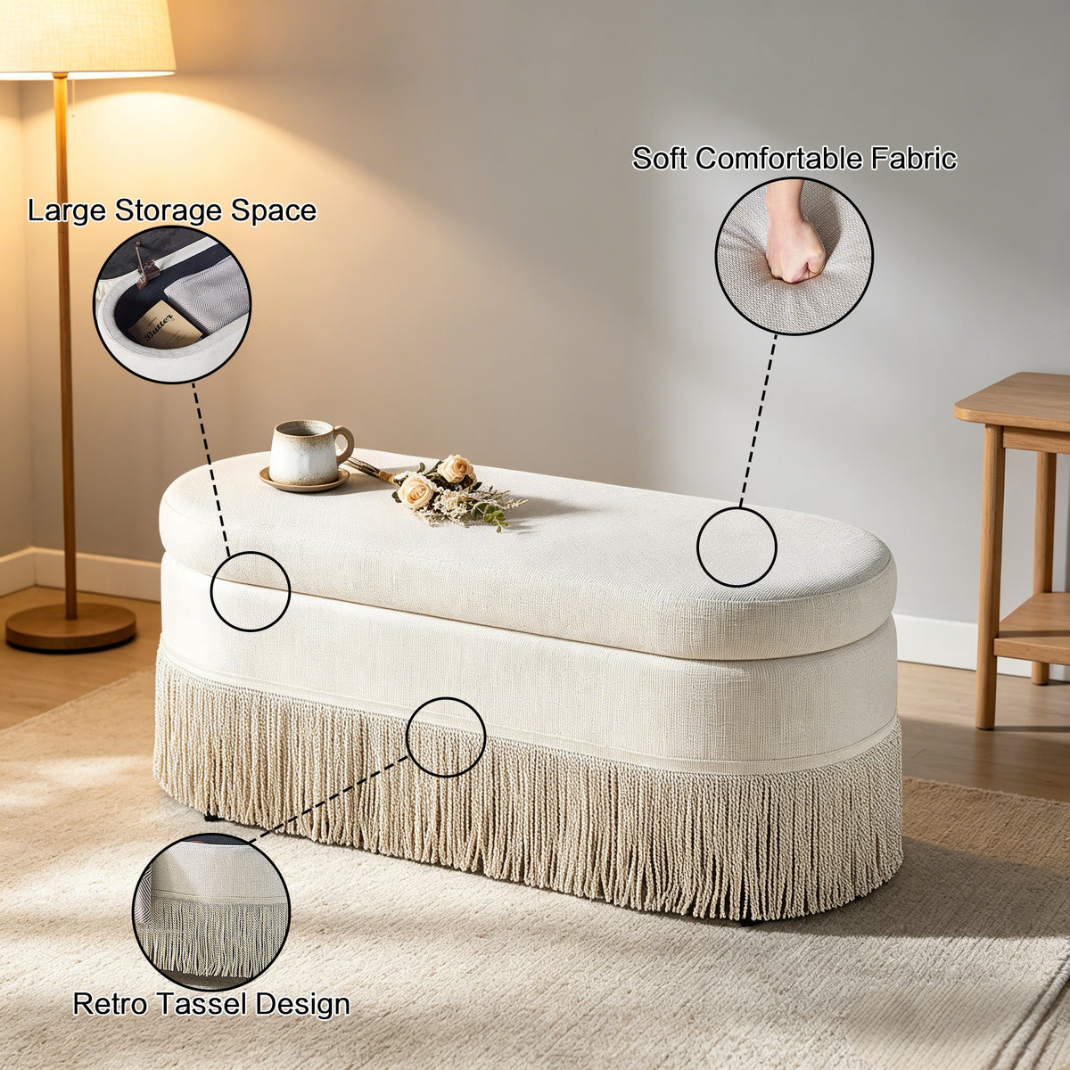 Oval Upholstered Storage Ottoman with Fringe Trim & Lift-Top Lid - 39"L x 16"W x 17"H, Multi-Functional Footrest & Hidden Storage for Living Room or Bedroom - Beige Fabric with Metal Frame