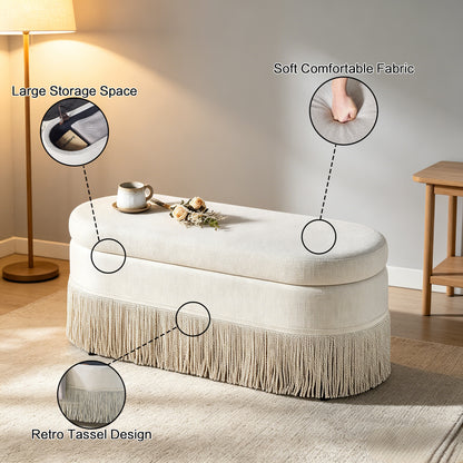 Oval Upholstered Storage Ottoman with Fringe Trim & Lift-Top Lid - 39"L x 16"W x 17"H, Multi-Functional Footrest & Hidden Storage for Living Room or Bedroom - Beige Fabric with Metal Frame