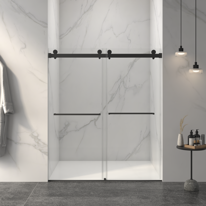 56-60'W x 70'H Frameless Double Sliding Shower Door,5/16' (8mm) Thick SGCC Tempered Clear Glass,Double Side Easy Clean Coat, Matte Black Finished With Buffer