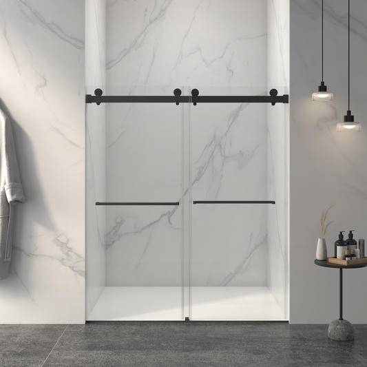 56-60'W x 70'H Frameless Double Sliding Shower Door,5/16' (8mm) Thick SGCC Tempered Clear Glass,Double Side Easy Clean Coat, Matte Black Finished With Buffer