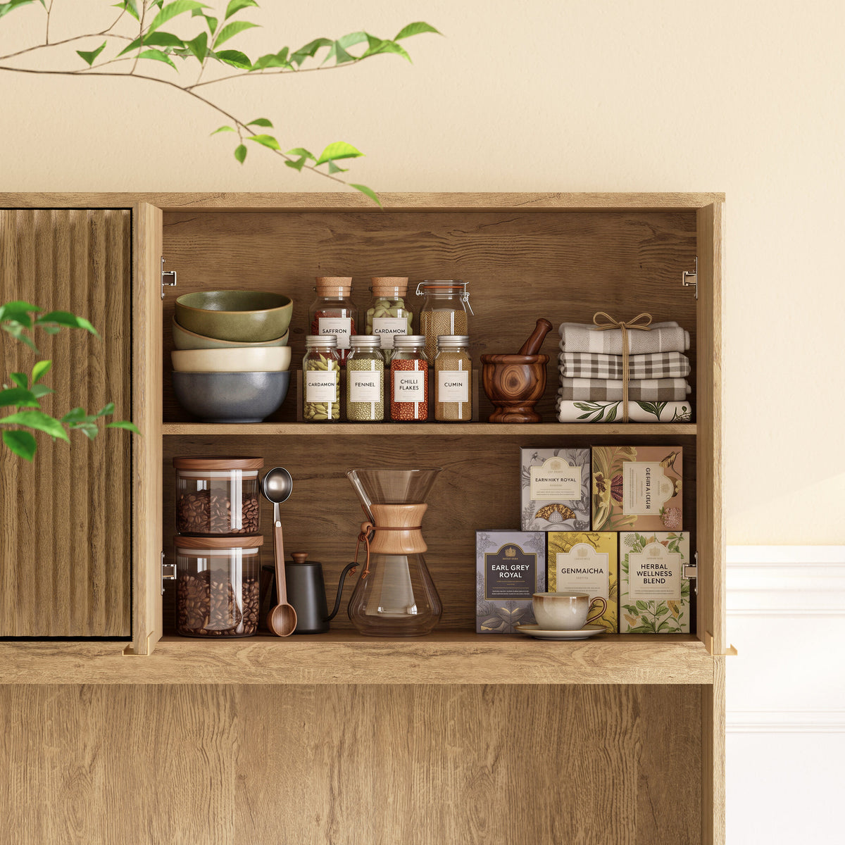 71" Tall Kitchen Pantry Cabinet with Power Outlet, Hollow Open Countertop, Modern Multi-Functional Storage Hutch Cabinet for Dining Room, Entryway and Living Room,Natural