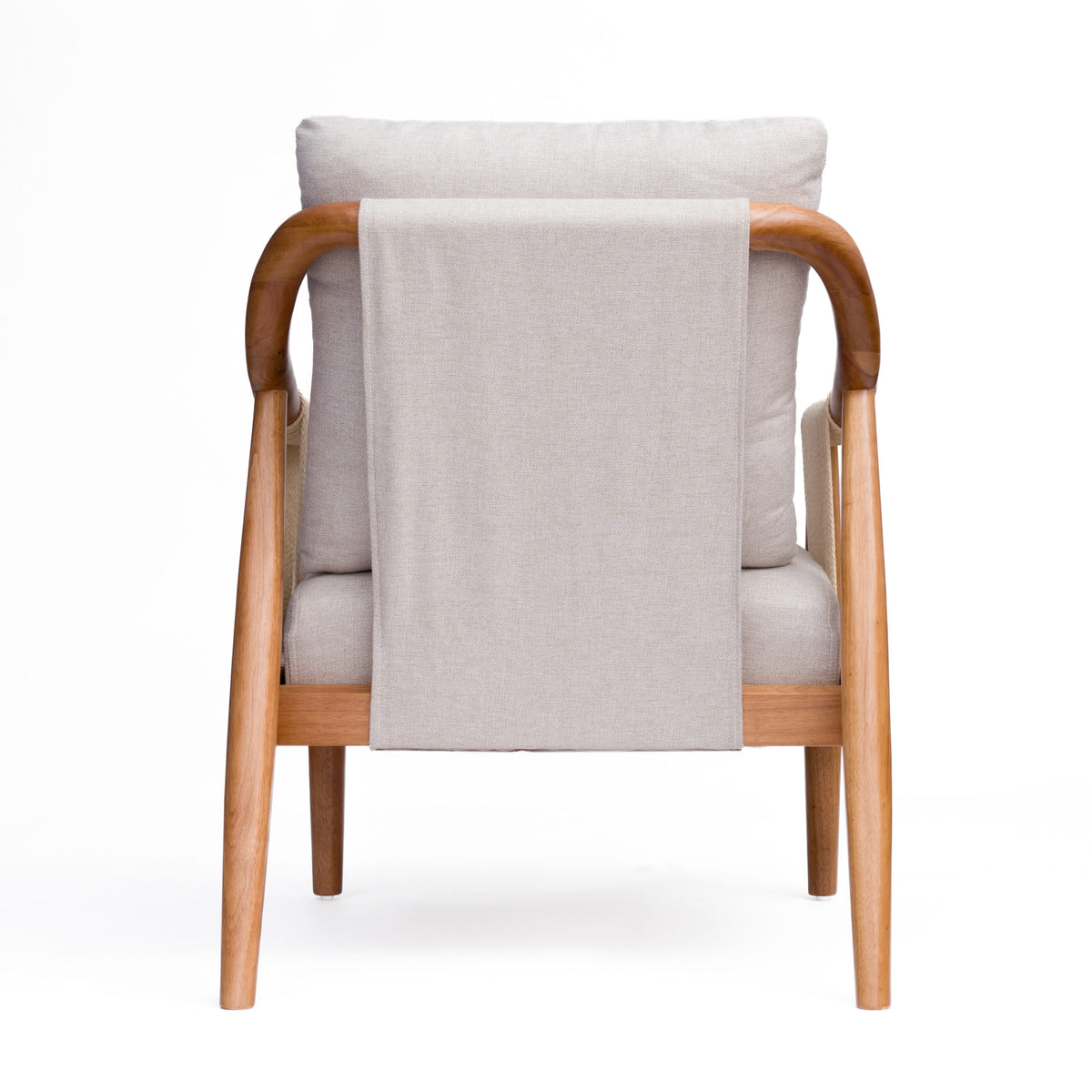 Accent Chair, Solid Hardwood Frame with Hand-Woven Paper Rope Arm, Mid-Century Modern Armchair with Soft Linen-Blend Cushion, Natural Wood Finish for Living Room, Bedroom, Reading Nook, Entryway