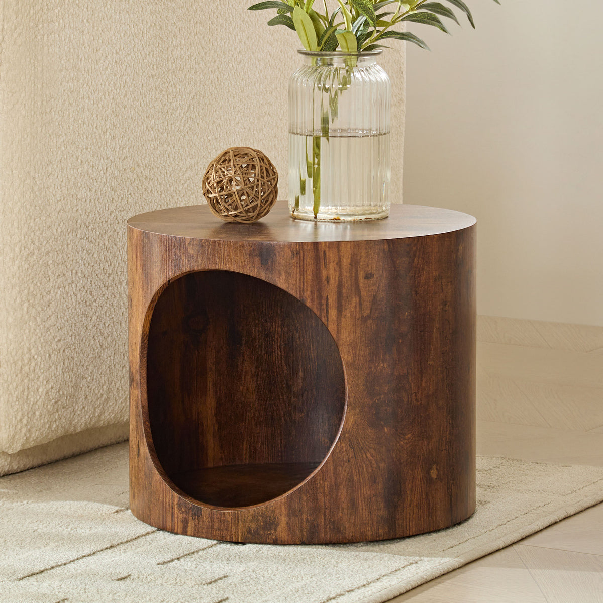 Cat Nest Nesting Stool Set Round Nesting Coffee Table Set of 2 for Living Room,No Assembly Dark Brown