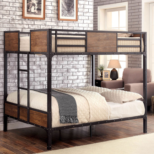 Industrial Style Metal Structure Bunk Bed Full Over Full With Wood Panels Attached Ladder Nialhead Trim Back Finish