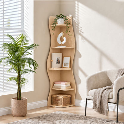 (Old Sku : W5156P534910)5-Tier Corner Shelf, Modern Wavy Corner Bookshelf, Tall Corner Storage Rack for Living Room, Bedroom, Kitchen, Home Office, Space-Saving Display Stand with Rounded Edges