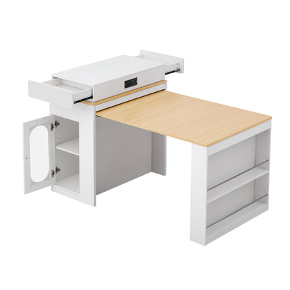 [VIDEO] TREXM Extendable Dining Table with Folding Tabletop, Bar Table with Drawers and Power Outlet, Kitchen Island with Wheels and Hooks, Sideboard for Kitchen and Dining Room (Creamy White+Natural)