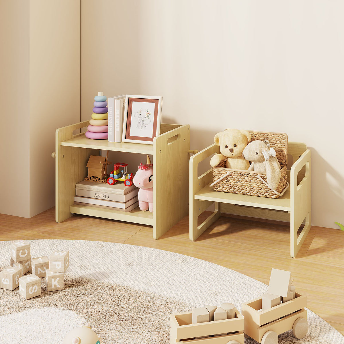Montessori Weaning Table and Chair Set, Adjustable Wooden Toddler Table and Chair Set, Kids Activity & Play Table for Eating, Drawing, Learning and Playing(Natural)