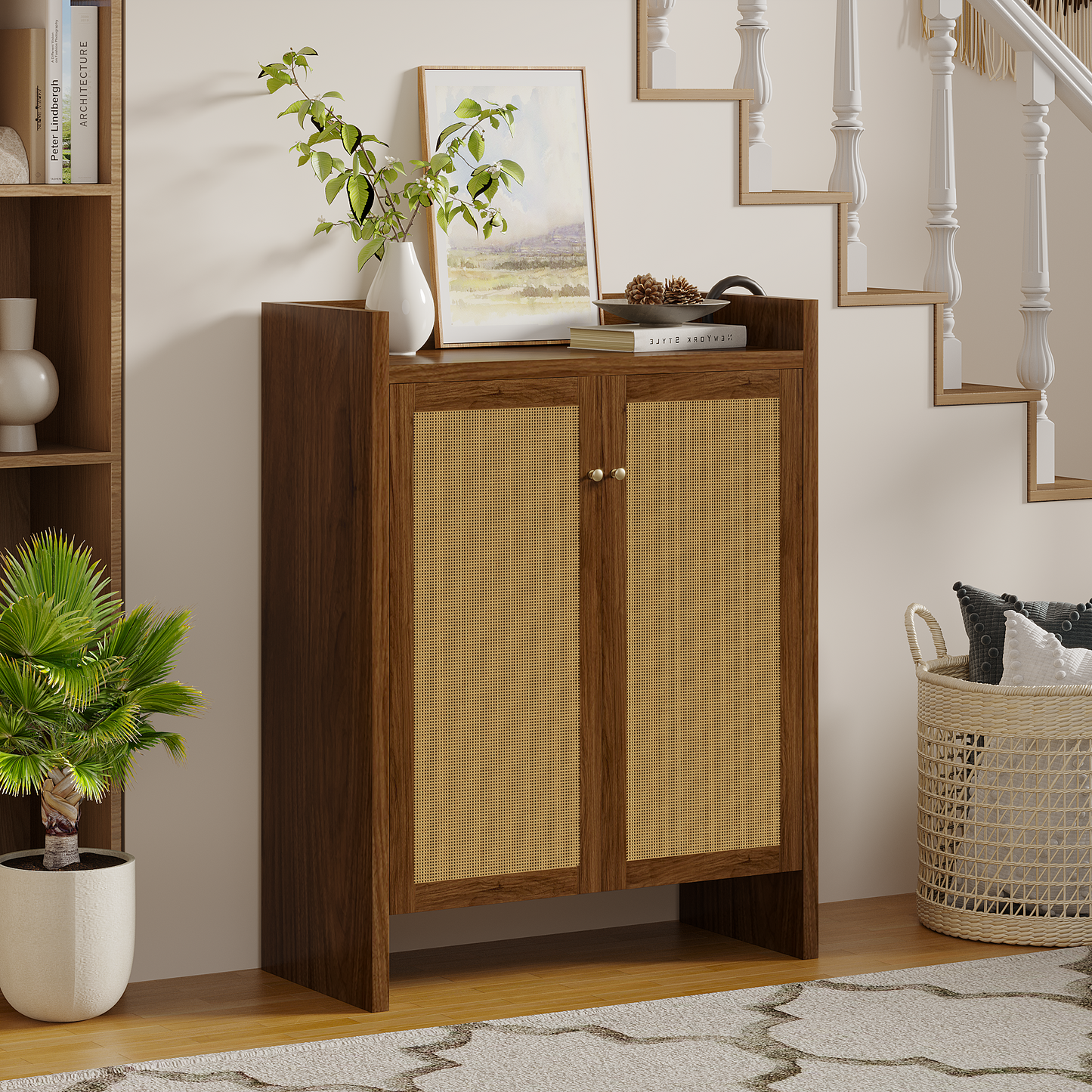 42.5' Tall Rattan Shoe Cabinet with Doors, 6-Tier Shoe Storage Cabinet with Adjustable Shelves, Wooden Freestanding Shoe Organizer Shoe Cabinet for Entryway,Hallway,Living Room (Walnut)