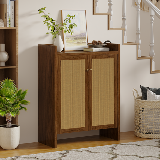 42.5' Tall Rattan Shoe Cabinet with Doors, 6-Tier Shoe Storage Cabinet with Adjustable Shelves, Wooden Freestanding Shoe Organizer Shoe Cabinet for Entryway,Hallway,Living Room (Walnut)