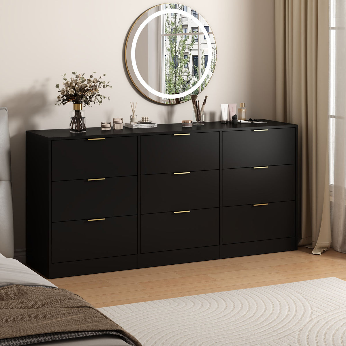 Black 9 Drawer Dresser, 63" Large Deep Chest of Drawers, Wooden Dresser Storage Cabinet with 9 Drawers, Long Dressers