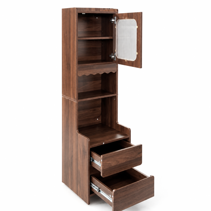 Tall Nightstand with  Glass Door, Mid-Century Modern Bedside Table with Open Shelves and 2 Drawers, Walnut Wood Night Stand & Bookshelf for Bedroom, Living Room