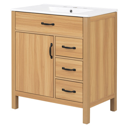 Modern 30 Inch Bathroom Vanity with Ceramic Sink, MDF Cabinet & Solid Wood Legs, Soft Close Drawers, Black Zinc Alloy Handles, Wood Finish