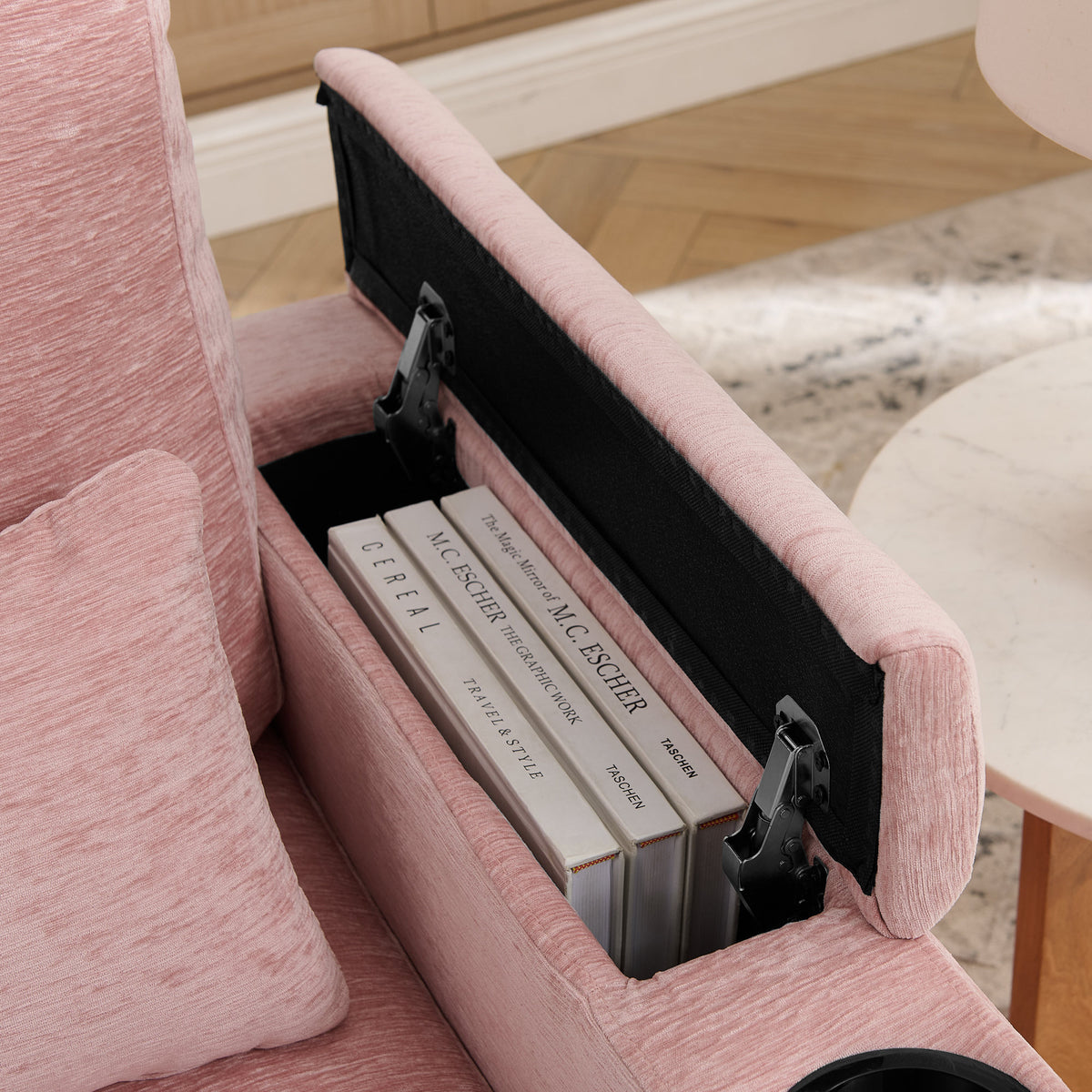 Single sofa recliner with manually adjustable backrest, USB charging port on the armrest side, phone stand included, hidden armrest storage, and a matching storage ottoman-Pink
