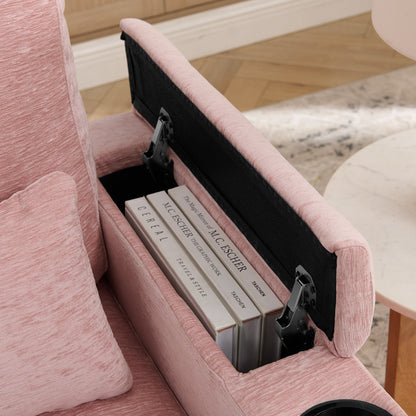 Single sofa recliner with manually adjustable backrest, USB charging port on the armrest side, phone stand included, hidden armrest storage, and a matching storage ottoman-Pink