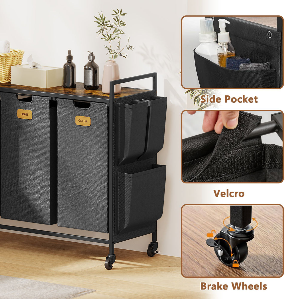 3 Section Laundry Hamper, Laundry Sorter with Wheels, Laundry Basket Organizer with Shelf & 3 Pull-Out Removable Bags, Dirty Clothes Hamper Organizer for Laundry Room Bathroom Dorm ,39.6 gallons(150L)