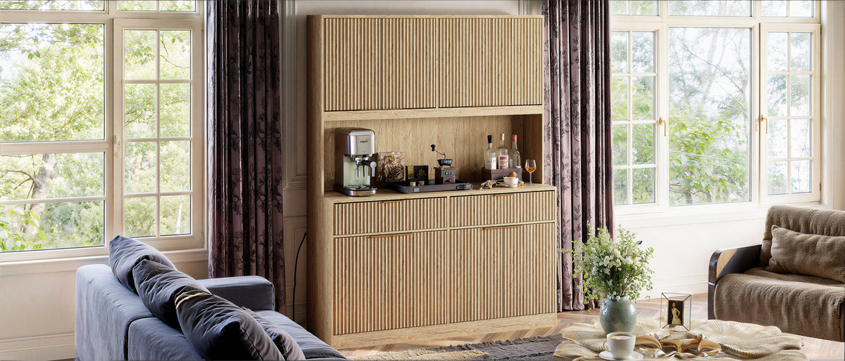 71" Tall Kitchen Pantry Cabinet with Power Outlet, Hollow Open Countertop, Modern Multi-Functional Storage Hutch Cabinet for Dining Room, Entryway and Living Room,Natural