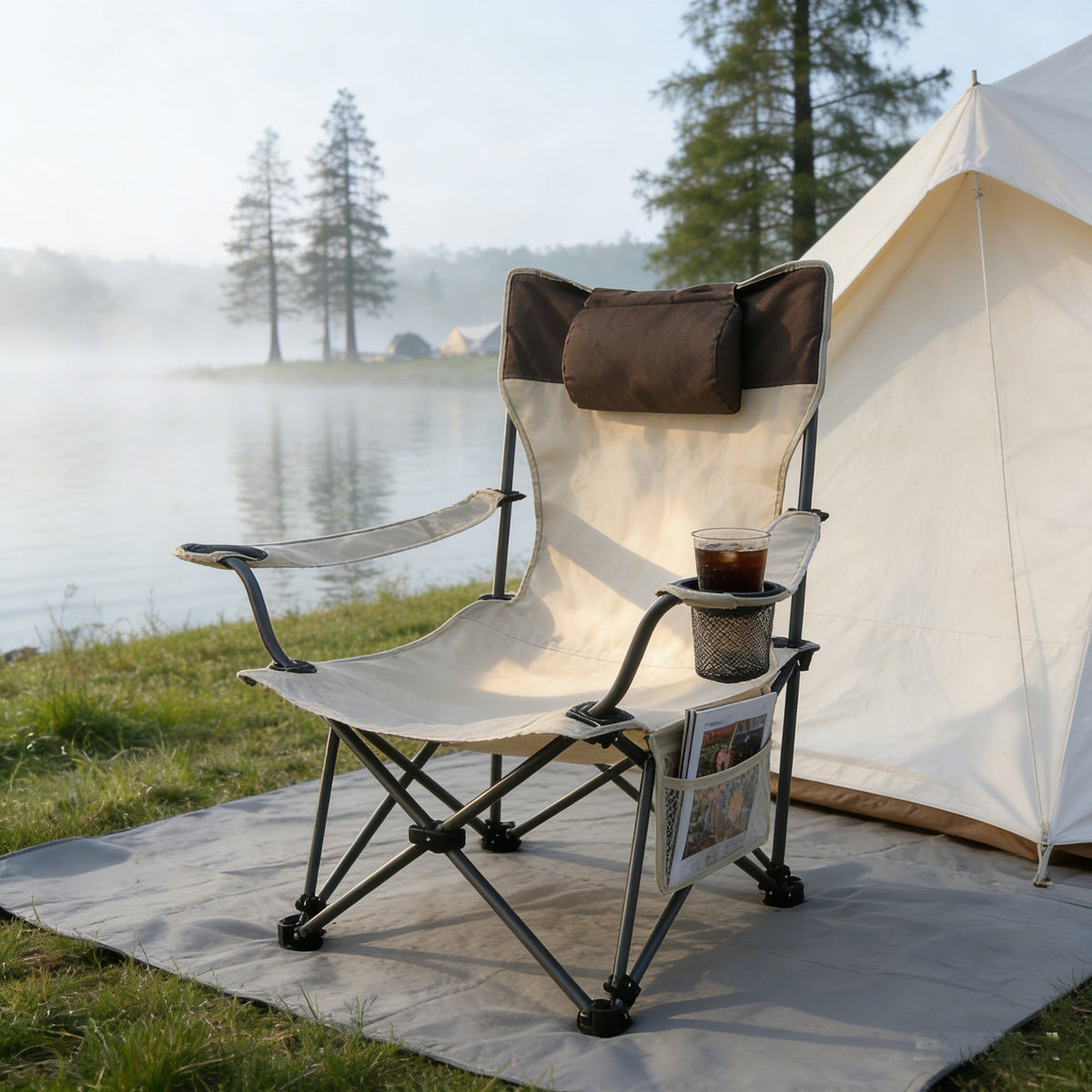 Outdoor Camping Chairs Folding/Portable/Adjustable reclining chair(Three-level adjustment), Side Pockets & Cup Holder,Carry Bag,Beige