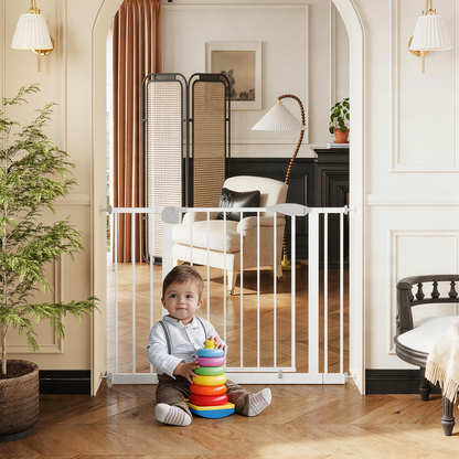 29.5-44.1" Wide Baby Gate for Stairs, Dog Gate Indoor for Doorways, No Drilling Pressure Mounted Pet Gates for Kids, Easy Walk Through Safety Gate, White