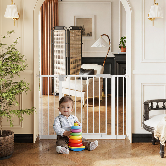 29.5-44.1" Wide Baby Gate for Stairs, Dog Gate Indoor for Doorways, No Drilling Pressure Mounted Pet Gates for Kids, Easy Walk Through Safety Gate, White
