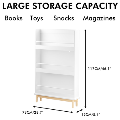Wall-Mounted Kids Bookshelf with 3 Front-Facing Display Shelves, Modern White Book Rack with Natural Wood Base for Toddler Bedroom