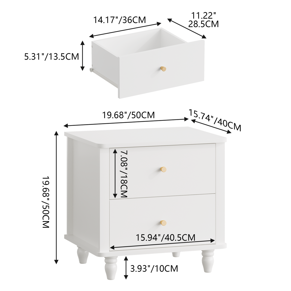 Modern 2-Drawer Nightstand, MDF Wooden Bedside Table with Round Knobs, Small Bedside Cabinet End Table for Bedroom, Living Room, Kids Room, White