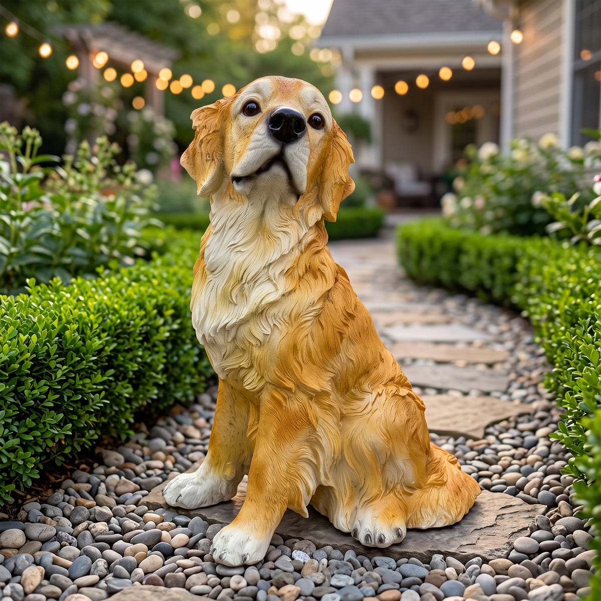 Golden Retriever Garden Statue, a lifelike earth-brown resin dog ornament, perfect for backyards, lawns, and patios.