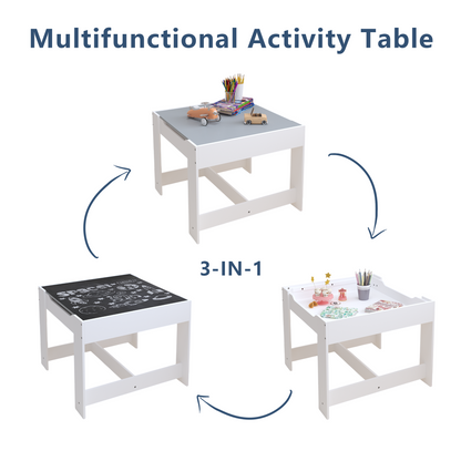 Kids Table and Chair Set, 3-in-1 Wooden Activity Table with Storage Drawer for Toddlers Drawing, Reading, Crafts, 2-in-1 Detachable Top in White+Gray MDF