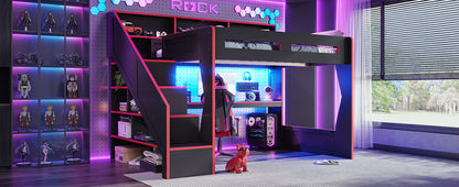 Queen Size Gaming Loft Bed with Storage Stair & Open Headboard Shelves, LED Light & USB Charging Desk, Elevated Loft Bed Frame with House-Shaped Cutout Design for Gamers,Black&Red