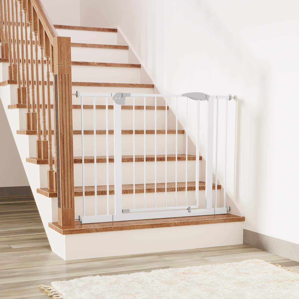 29.5-44.1" Wide Baby Gate for Stairs, Dog Gate Indoor for Doorways, No Drilling Pressure Mounted Pet Gates for Kids, Easy Walk Through Safety Gate, White