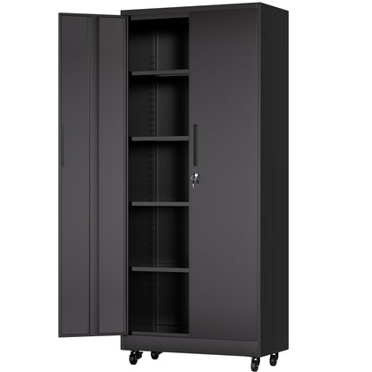 71'H Metal Garage Storage Cabinet with Wheels and Lock, Heavy Duty Rolling Metal Cabinet, 4 Adjustable Shelves (180lb Each), 3-Point Locking Security, for Tool Organization in Garage, Workshop, Office
