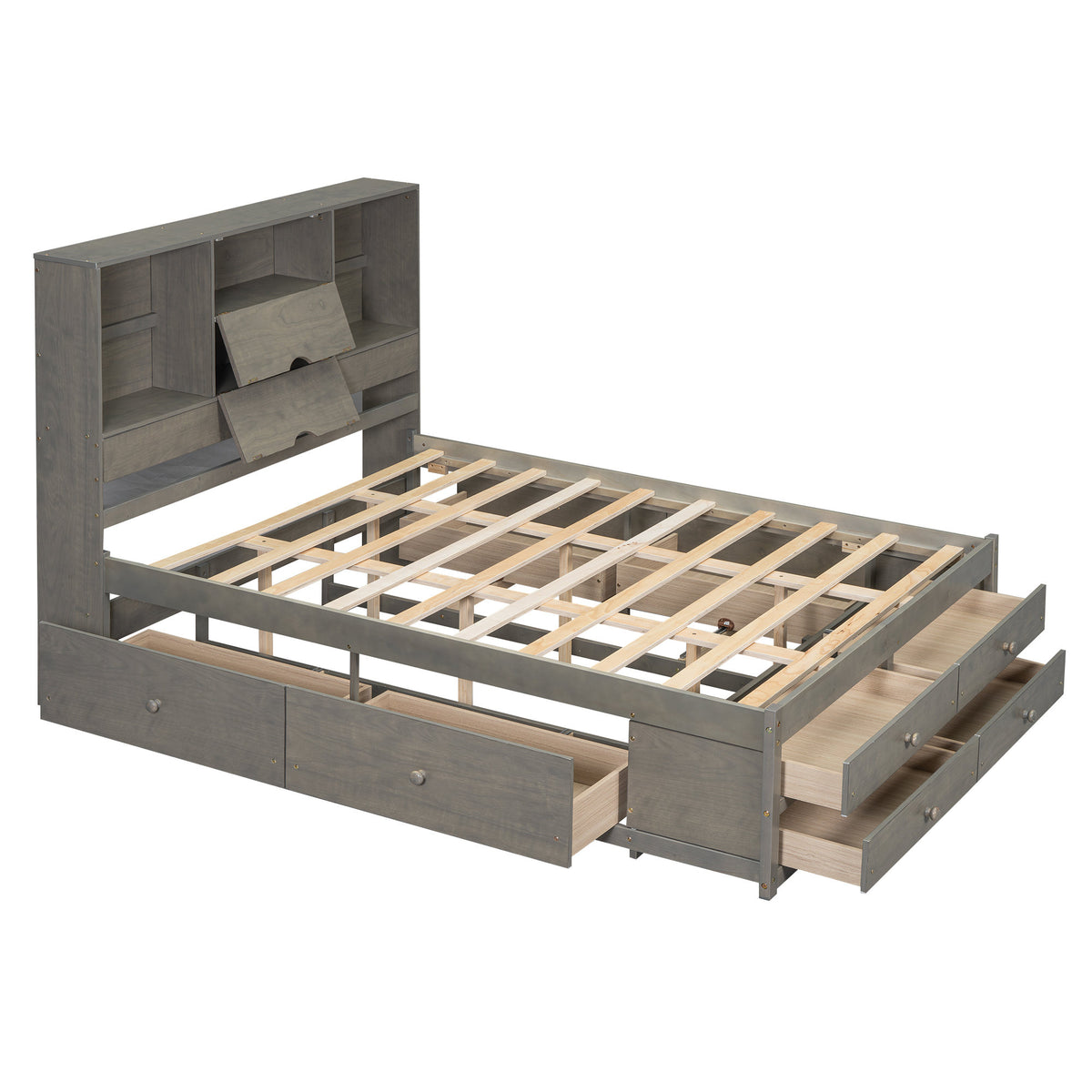Queen Size Platform Bed with Storage Headboard and 8 Drawers, Gray