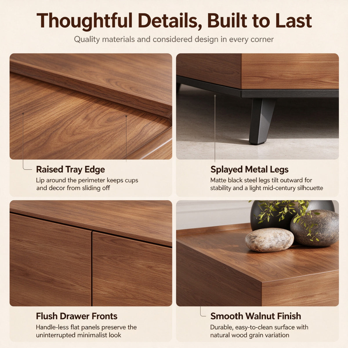 35.43" Square Walnut Finish Coffee Table with Hidden Drawer and Black Base, Modern Large Cocktail Center Table with Storage for Living Room, Apartment and Office