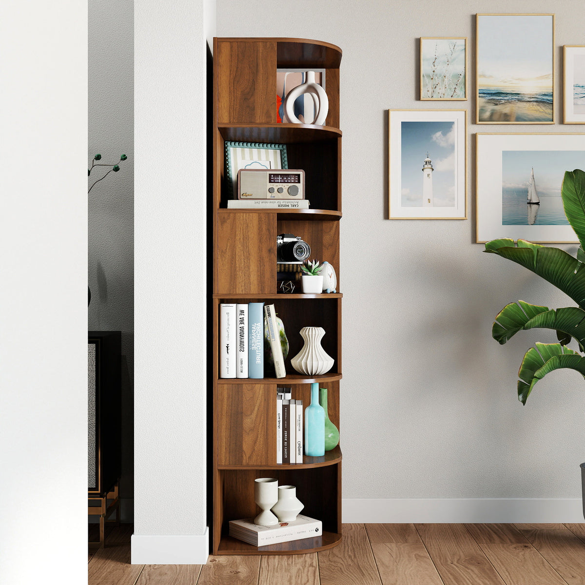 Corner Bookshelf, 6-Tier Modern Corner Book Shelf with Baffle