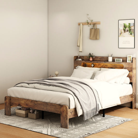Bed Frame Full Size, Wood Platform Bed Frame with Storage LED Light Headboard and 2 USB , Noise Free,No Box Spring Needed and Easy Assembly Tool,Large Under Bed Storage,Dark Brown