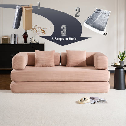 Convertible Sleeper Sofa Bed with Cylindrical Pillow, Corduroy Folding Mattress Couch with Fixed-Shape Frame, Floor Sofa Lounge Couch - Pink