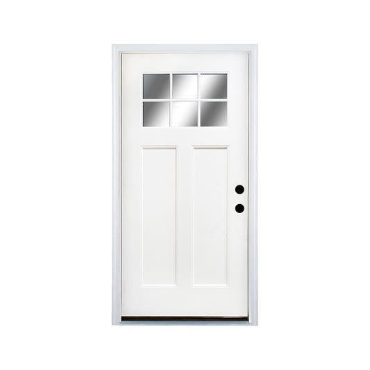 Fiberglass Entry Door, 36'' x 80' Door with Brickmould,4-9/16 Vinyl Frame,White Primed, Left Hand Inswing, Front Entry Knock-Down Door, 2-Panel Craftsman, 6-Lite Low-E Glass