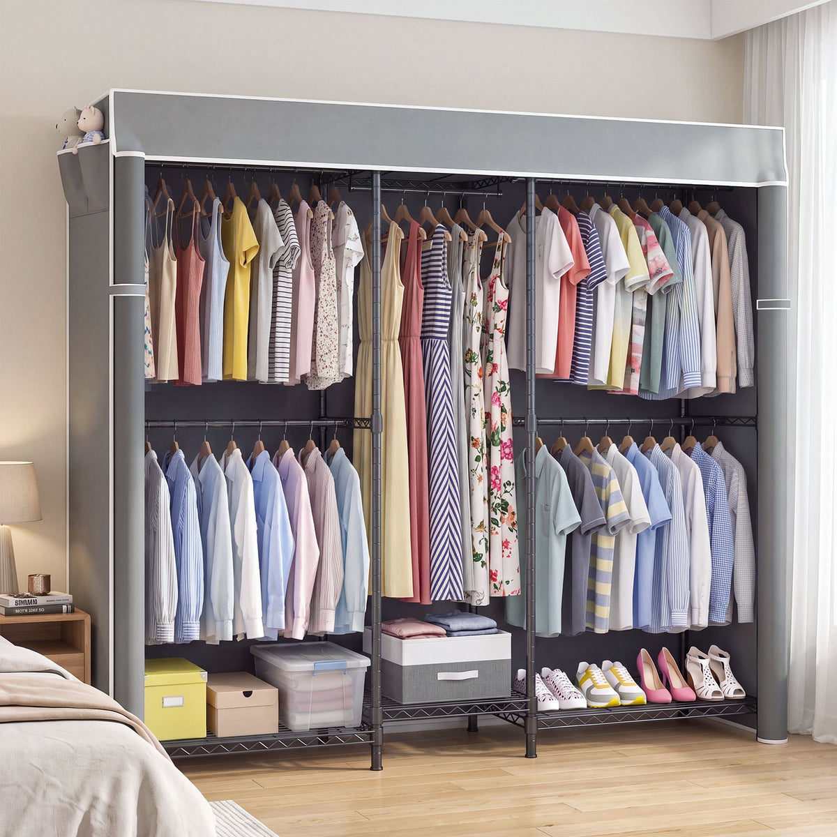 Heavy Duty Closet Organizer System, Freestanding Clothing Rack with Shelves, Adjustable Garment Rack with Grey Cover & Side Pocket, Portable Closets for Hanging Clothes, 72.8''×17.7''D×76.77''H, Black