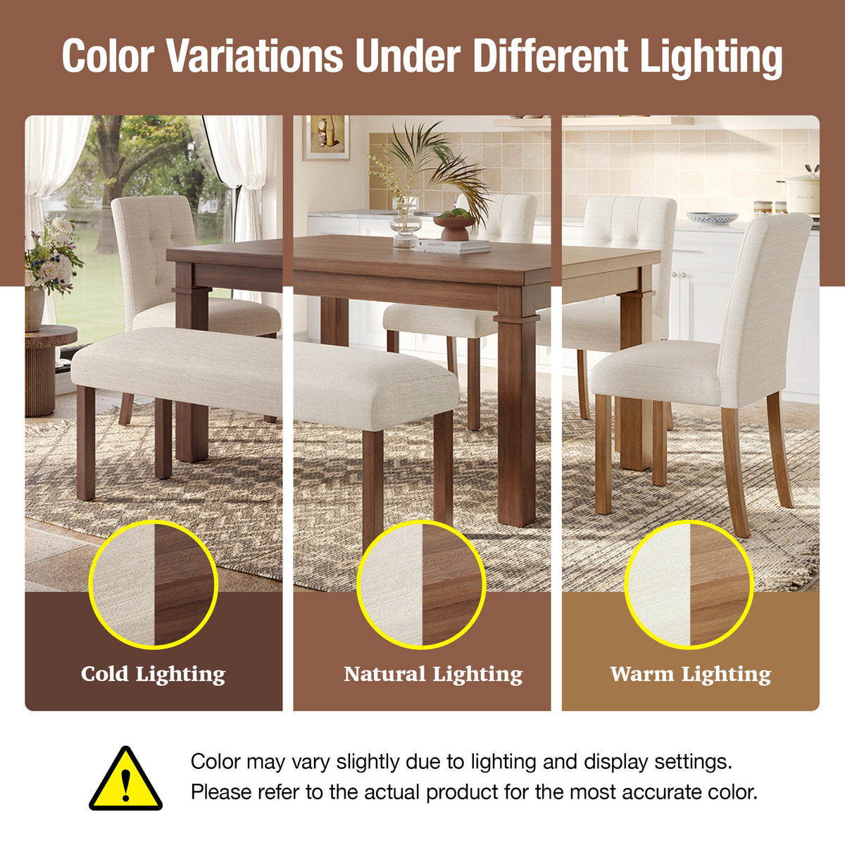 6-Piece Modern Dining Set, Rectangle Kitchen Table with 4 Upholstered Chairs & Bench, Ideal, (Easy Assembly, Space Saving)