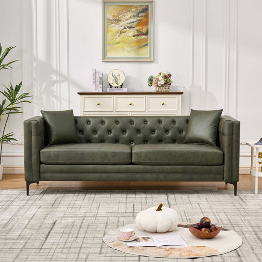83" Tech Fabric Sofa with Metal Legs, 3 Seater Modern Upholstered Sofa, Mid-Century Modern Sofa with Button Tufting, Living Room, Apartment, Office, Green.