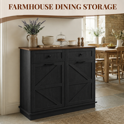 Tilt Out Trash Can Cabinet for Kitchen, Double 10-Gallon Hidden Trash Cabinet with Drawer, Farmhouse Wooden Garbage Cabinet, Dog Proof Trash Can Storage for Kitchen Laundry Living Room Office