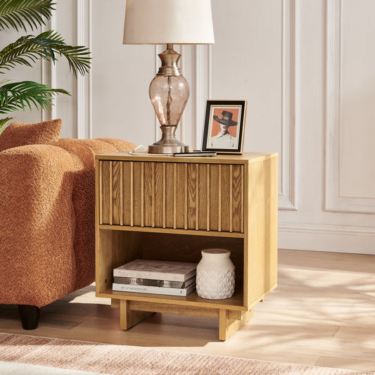 23.4" Mid Century Modern Grille Slat Nightstand with Hidden Charging Station USB Ports & Outlet Hole, Farmhouse End Table with Open Space and Drawer Dresser, Natural