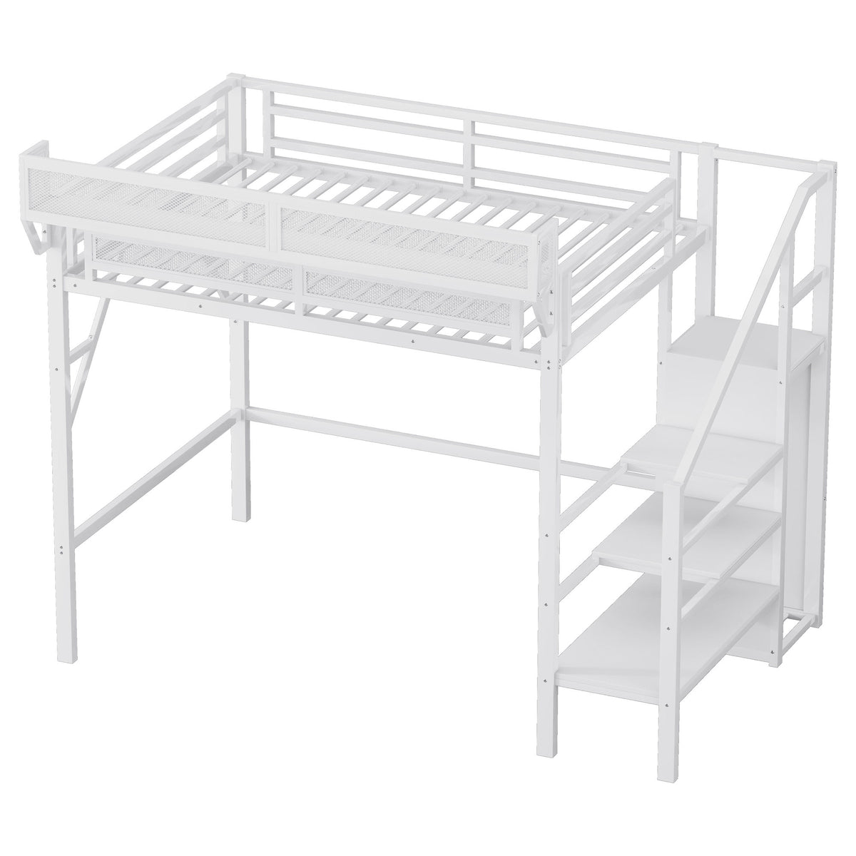 Twin XL Size Loft Bed with Stairs, Metal Full Loft Bed with Storage Shelves, High Loft Bed with Wardrobe for Kids Teens,White(Old Sku W2580S00050)