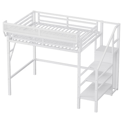 Twin XL Size Loft Bed with Stairs, Metal Full Loft Bed with Storage Shelves, High Loft Bed with Wardrobe for Kids Teens,White(Old Sku W2580S00050)